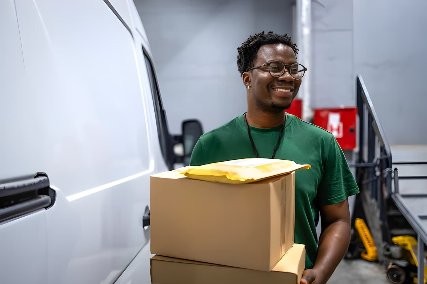 A smiling rider carrying boxes to his van