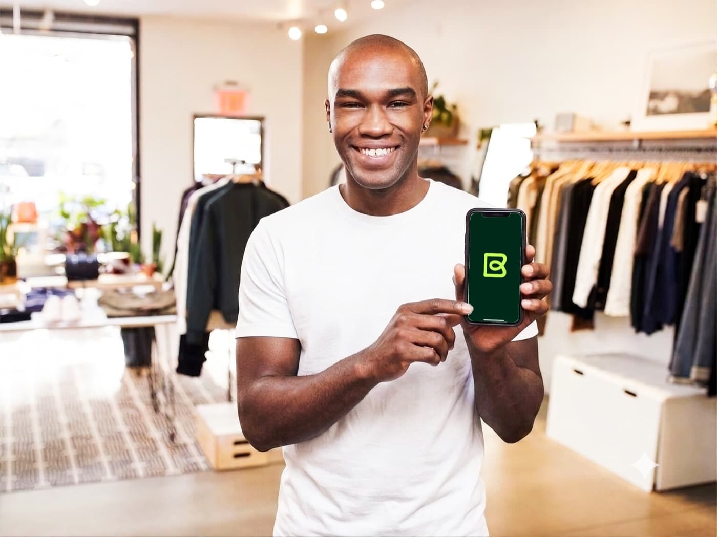 A shop owner in a clothing store holding up a phone with the Bizlo app on screen